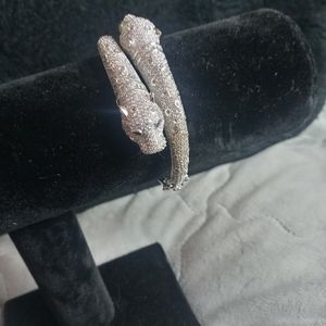 Silver and Crystal Double Headed Leopard Bangle Bracelet 2000s